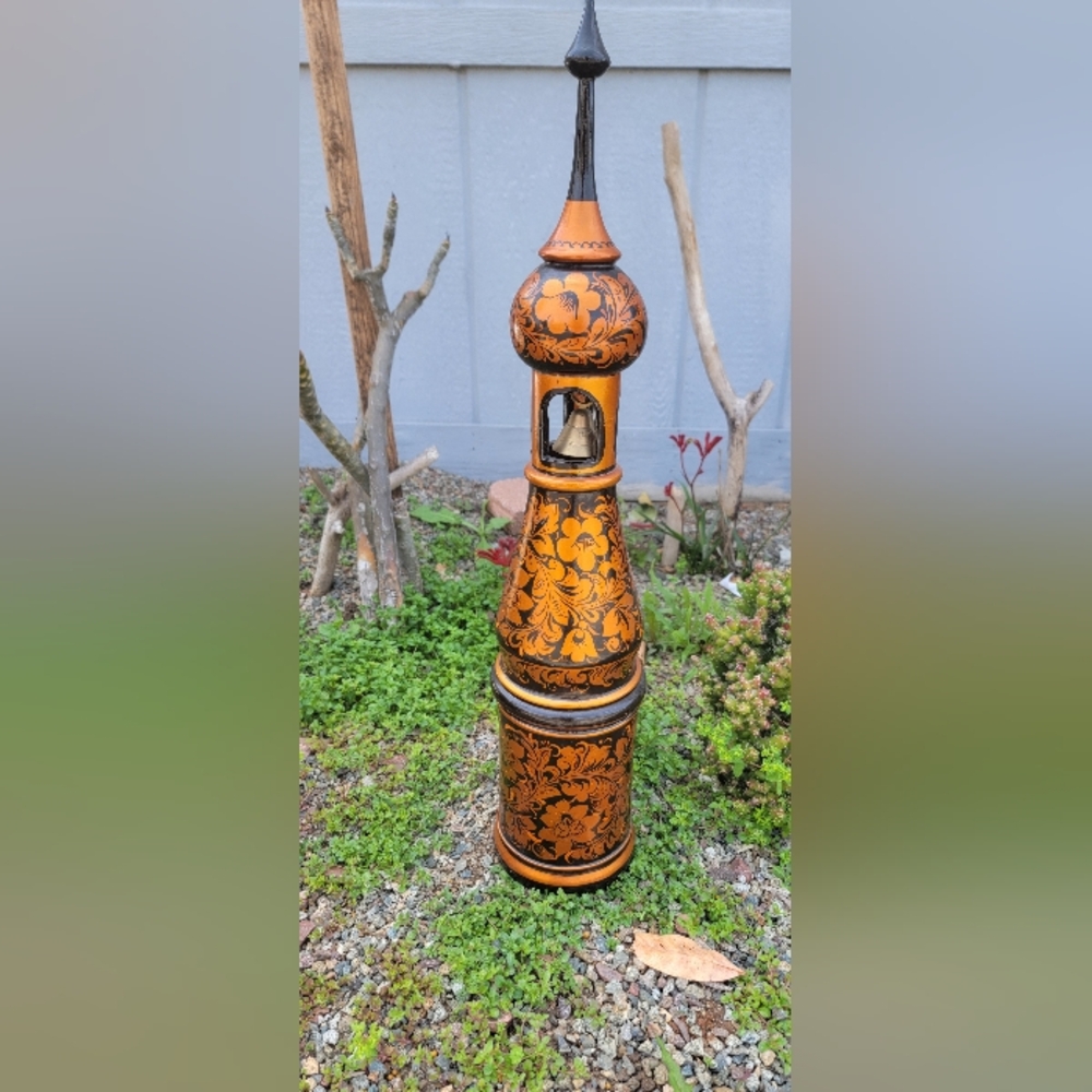 Vtg Russian Lacquer On Wood Bell‎ Tower 26" Tall Black And Orange Vodka Holder